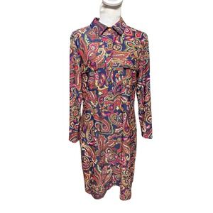 Jude Connally Paisley Dress Navy Multi Color Long Sleeve half Button Front M